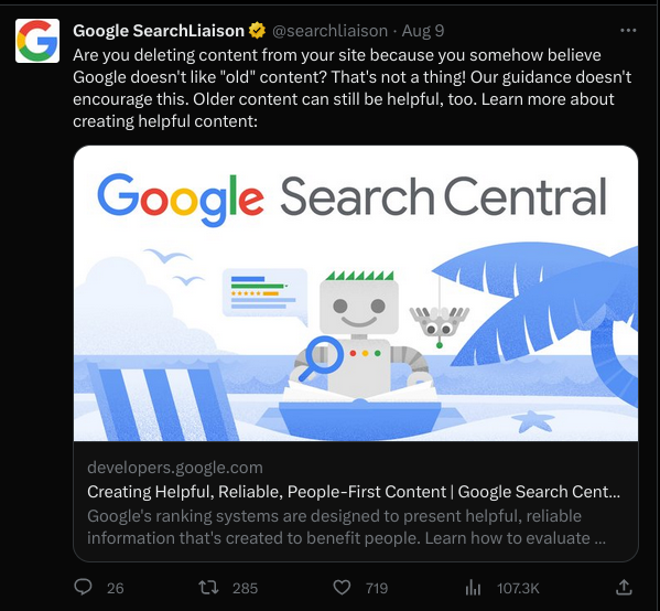 Tweet by Search Engine Liasion about deleting old content