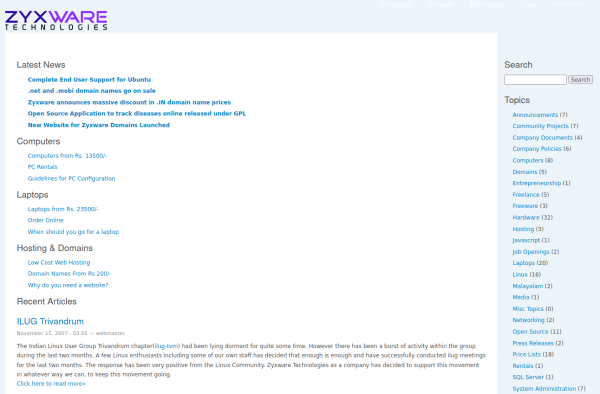 Screenshot of old www.zyxware.com - in 2007